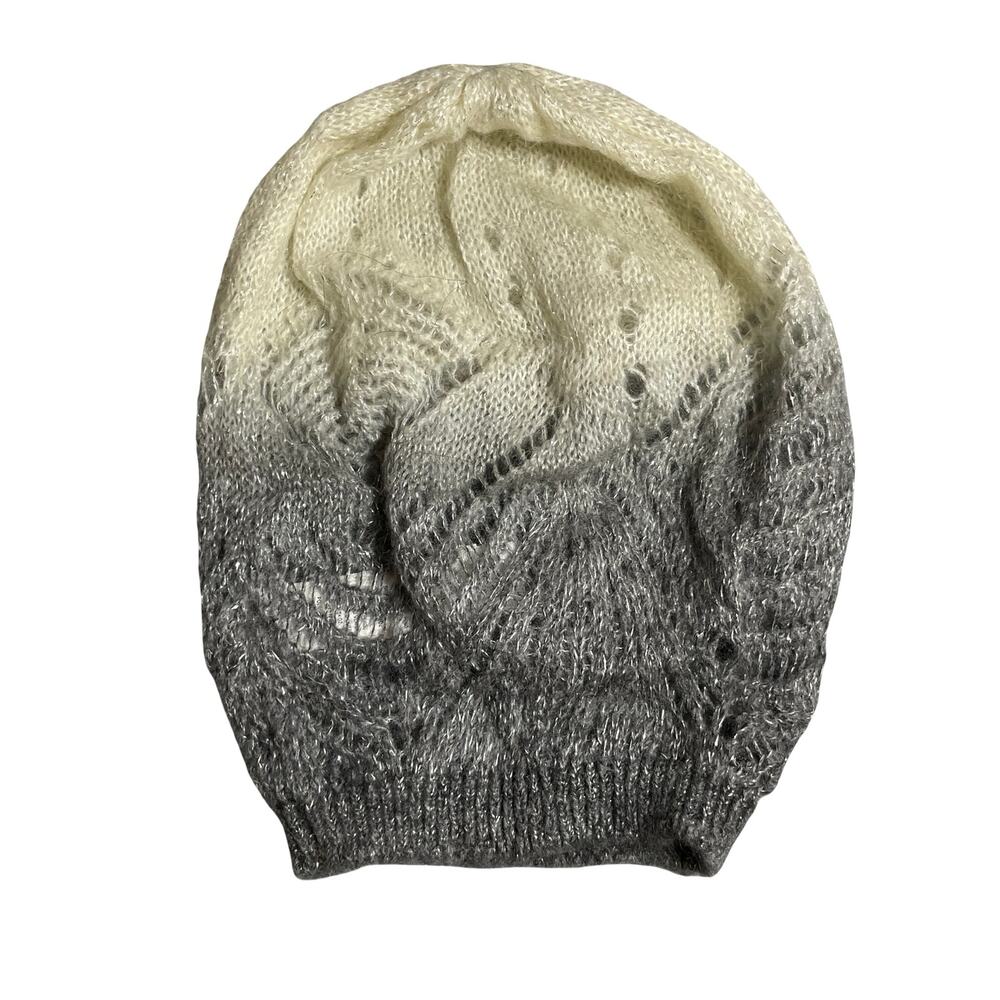NEW Unitalla Cream Gray Open Knit Lurex Metallic Bonnet Beanie Hat Cap OS